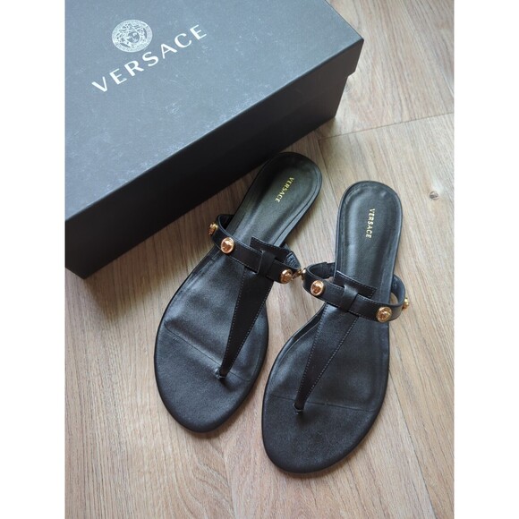 Versace Medusa Studs Flat Thong Sandals Black Leather Womens 10 EU 40 DST669CS - Picture 4 of 14